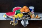 Disinfecting Station (Traditional still life with watermelon, citrus, and Lysol), Spring 2020 Online